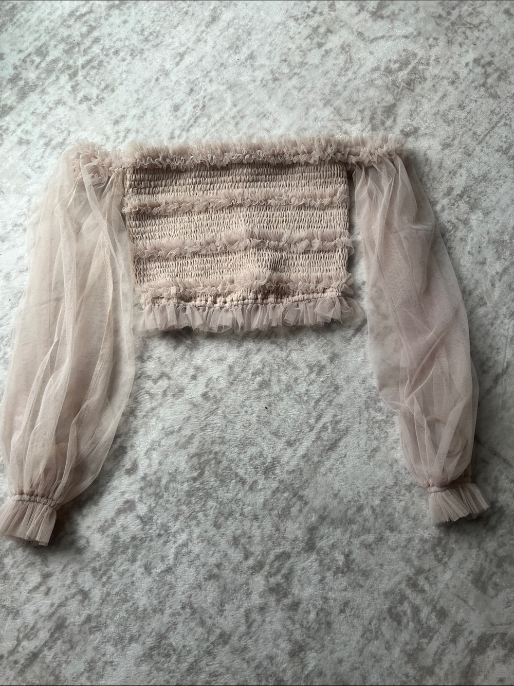 Mable Sheer off the shoulder Long-Sleeve Smocked Crop Top in Nude